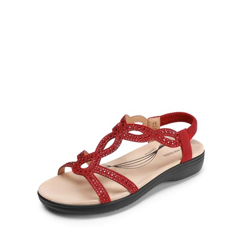 DREAM PAIRS Women's Comfort Dressy Rhinestone Summer Beach Sandals Slip-on Flat Walking Orthopedic Sandals with Elastica Back Strap 6 Red