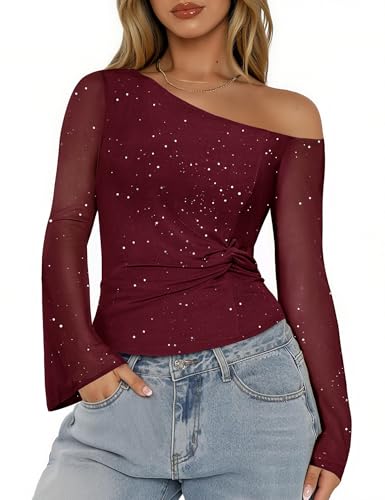 Aupuls Long Sleeve Going Out Tops for Women Off Shoulder Casual Shirts Sequin Christmas Top for Womens AUPG031 Burgundy XL