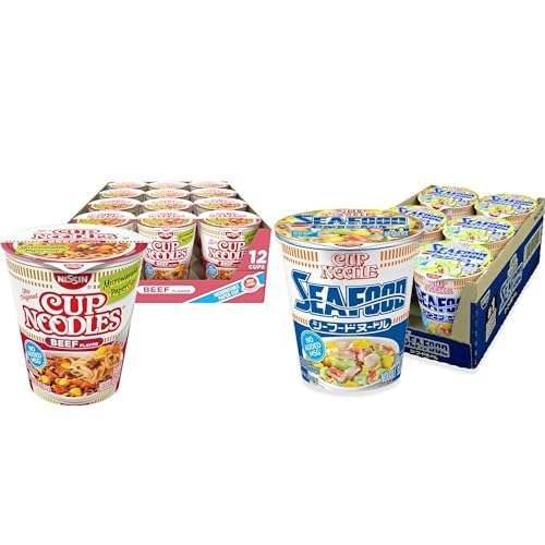 Nissin Cup Noodles Variety Pack - Beef Flavor 2.25 oz (12 Pack) and Seafood Flavor 2.68 oz (6 Pack) Instant Ramen Bundle