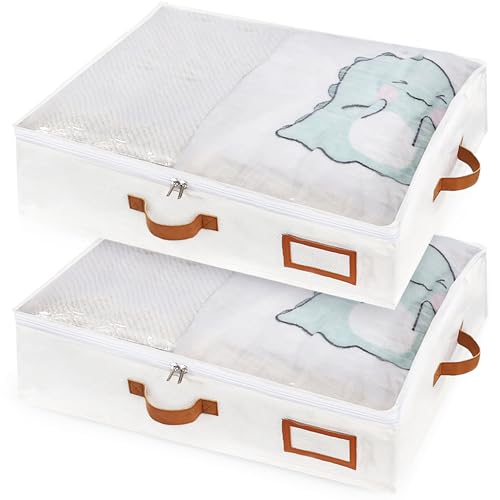 MEKOTRIN Lot de 2 Bacs de Rangement Sous Lit avec Couvercle, 26L Boîte de Rangement Vêtement Pliable Sac de Rangement avec Fenêtre Transparent Fermeture Éclair Poignée pour Couettes Literie Chaussures