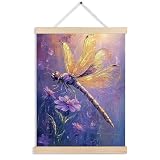 FITIE Watercolor Purple Floral Dragonfly Wall Art Poster Framed, Purple and Gold Botanical Insect Canvas Wall Art Prints for Home Living Room Office Decor, 12x16 Inch