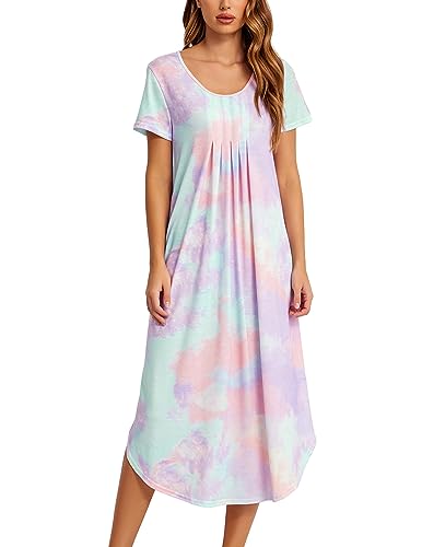 Ekouaer Nightgown Womens Sleepshirt Soft Sleepwear Pleated Nightshirt Comfy Sleep Dress Short Sleeve Tie Dye Printed Nightdress Tie Dye Xl #TOP18
