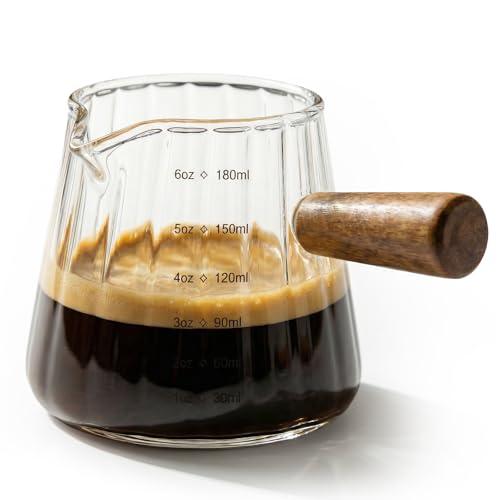 Ymiueip 6oz Espresso Shot Measuring Cup, Perfect for Double Shot Espresso, Heat Resistant Borosilicate Glass with Insulated Handle & Drip-Free Spout, Coffee Bar Accessory for Latte Cappuccino