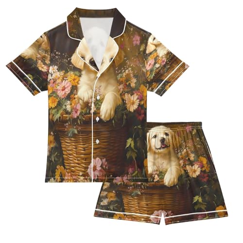 ALAZA Golden Puppy Dog Flower Blossom Satin Pajamas Set Short Sleeve Button Down Sleepwear Summer Pjs 2 Piece