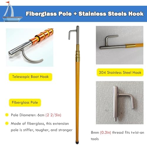 Telescopic Boat Hook - 4m to 8m Adjustable Push Pole with Durable Stainless Steel Hooks for Rescuing, Pushing, Pulling, and Docking - Essential Marine Accessory