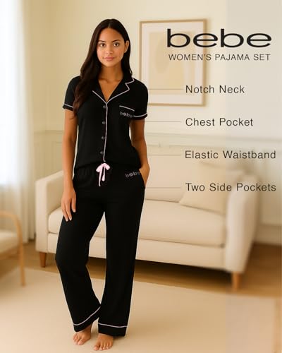Image of bebe Womens 2 Piece Bridesmaid Pajamas Set Short Sleeve Button Down Shirt and Pants