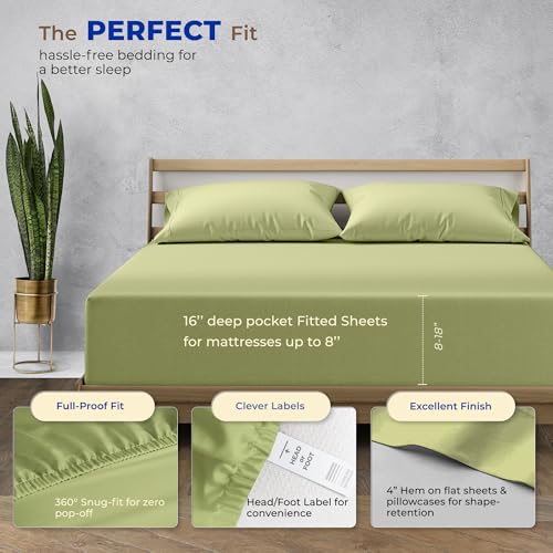 Image of THREAD SPREAD California King Bed Sheets, Luxury 1000 Series Paradise Collection 100% Egyptian Cotton Cal King Sheets Set (4 PC, Sage Green), Silky Soft, Cooling, 16 inch Deep Pocket Hotel Sheet Set