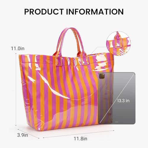 Image of Lushandy Striped PVC Tote Bag for Women, Waterproof Plastic Tote Bag for Beach Pool Large Top Handle Travel Hobo Handbag | Waterproof Material