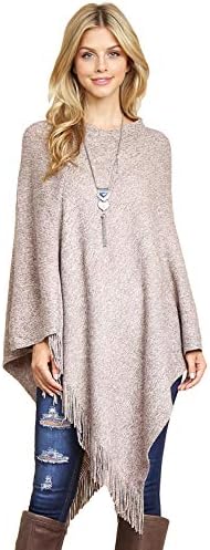 MYS CollectionClassic Soft Knit Poncho Shawl Wrap - Basic Warm Pullover Fringe Tassel Sweater Chunky Crochet, Plain V-Neck