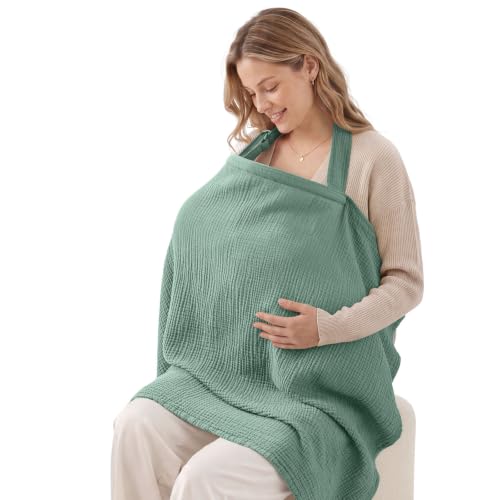 Image of Blissful Diary Muslin Nursing Cover for Breastfeeding, Breathable Breastfeeding Cover up with Arch Neckline for Women, Nursing Apron (Roman Green)
