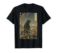 Japanese Harajuku style graphic of a samurai cat character with a kimono standing on a rain soaked bridge, staring into the distance as cherry blossoms fall. Behind him Mt. Fuji under moonlight. Charming Edo era aesthetics and adorable vintage aesthe...