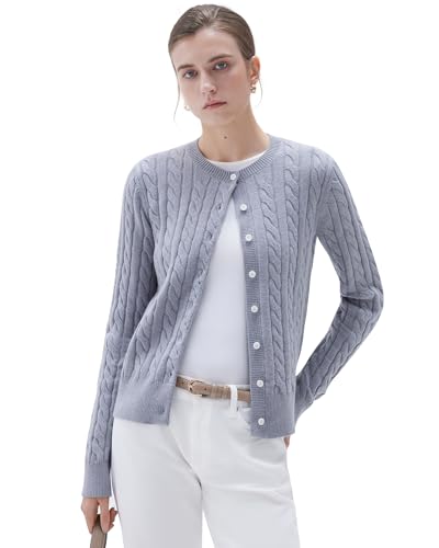 SUUKSESS Women Cable Knit Cashmere Sweaters Crew Neck Button Up Chunky Cardigan Long Sleeve Fall Outfits