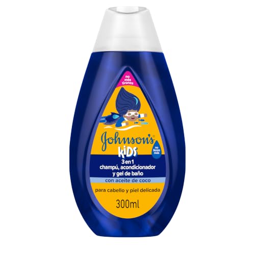 Johnson’s Kids Champú niños, acondicionador pelo y gel de baño 300 ml | 3 en 1, enriquecido con aceite de coco, para cabello y piel delicada, testado por pediatras, dermatólogos y oftalmólogos