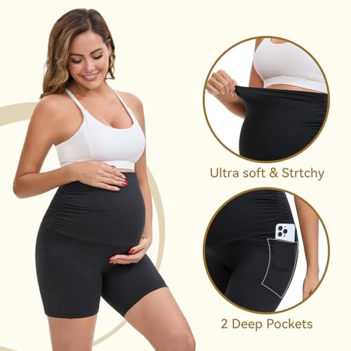 Cefrugeo Maternity Biker Shorts with Pockets Over The Belly, 6" Pregnancy Short Leggings for Women Yoga Workout Casual Army Green Small — view 5