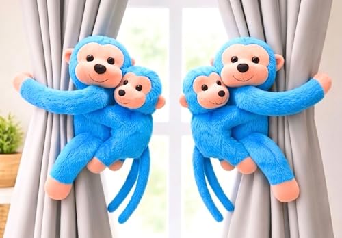 Image of Tickles 2 Pcs Monkey Mother Baby Soft Plush Toy Curtain Tiebacks Holder Clip for Children Living Room Decoration Accessories Window Curtain Decoration (Size: 30 cm Color: Sky Blue)