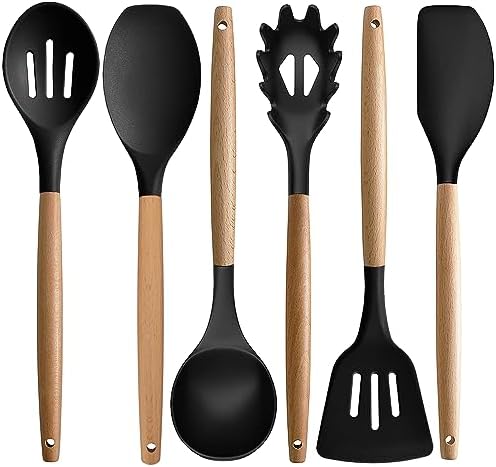 IOCBYHZ Silicone Kitchen Utensils Set of 6, Cooking Utensils Set with Heat Resistant Wooden Handle, Nonstick Silicone Spatula Set, Kitchen Gadgets Utensil Set for Cookware & Baking, Home Kitchen Tools