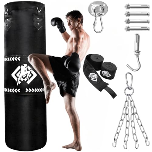 ZOOFOX Punching Bag for Adults, 4 Ft Heavy Bag with Chains and Hand Wraps for Beginners, 5-in-1 Boxing Bag for Kickboxing, MMA, Muay Thai, Karate, Home Gym or Fitness, Unfilled