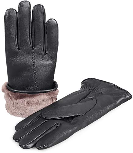 Zavelio Damen Premium Shearling Schaffell Fell Gefüttert Leder Fell Handschuhe, Schwarz, Medium