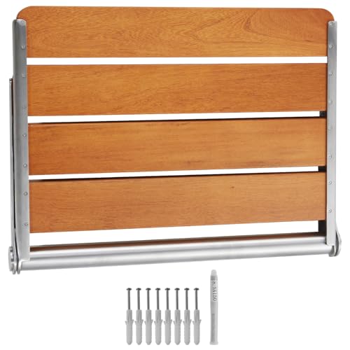 Happybuy Folding Teak Shower Seat, 20.9 x 16'' Unfolded, Wall Mounted Fold Up Shower Bench with 500 lbs Load Capacity, Space Saving Home Care Fold Down Shower Chair, for Pregnant Women Children