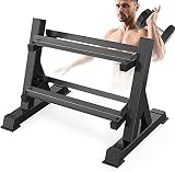 【AHORRO DE ESPACIO】 Uno de los principales beneficios de este soporte compacto con mancuernas sobre otros es que puede soportar libras más altas sin ocupar la mayor parte del espacio en el gimnasio de su casa. El diseño de dos niveles le ahorra espacio al mismo tiempo que le brinda suficiente capacidad para mantener las pesas más usadas fuera del piso.