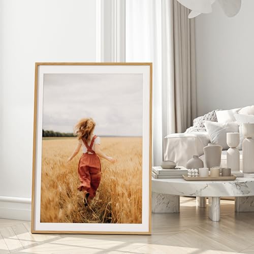 Image of FLYJOE 27x40 Oak Wood Picture Frame with Mat for 24x36, 27 by 40 USA-Sourced Natural Solid Wooden Poster Frame for Wall Display, Tempered Real Glass, Hanging Hardware Included, 1 Pack, Natural
