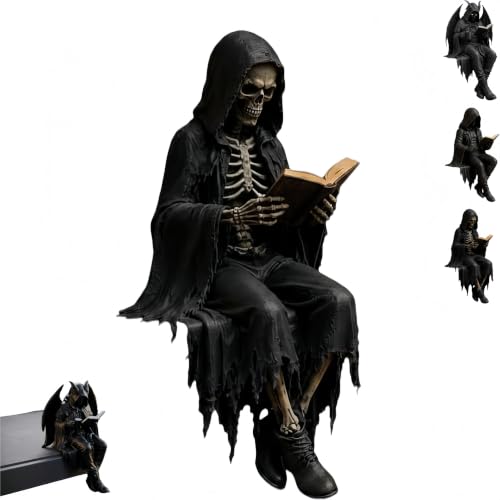 Statuette squelette à capuche faucheuse lisant un livre, déco gothique de table