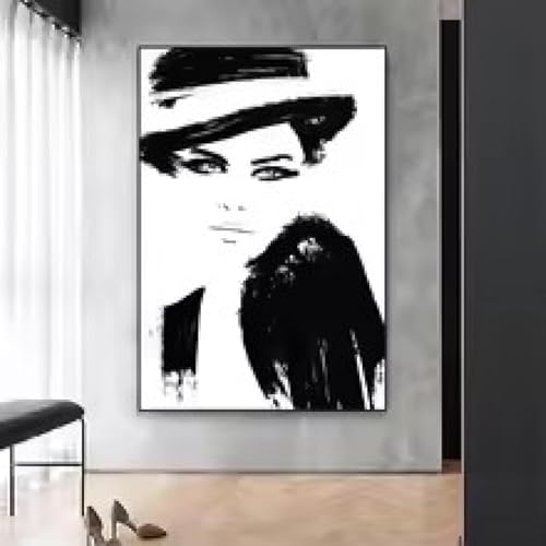 Affiche de beauté fille chapeau noir 40x60cm tableau sur toile moderne pour salon avec cadre