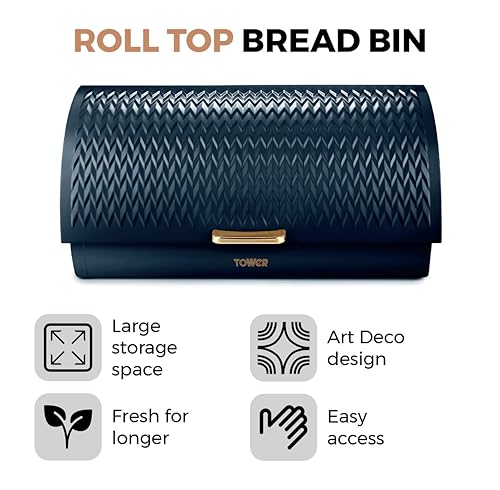 Tower Empire Roll Top Bread Bin in Stainless Steel, Midnight Blue and Brass Finish - Image 2