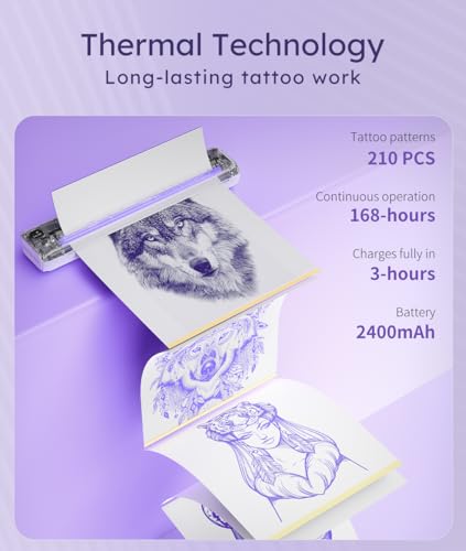 Rongta Tattoo Stencil Printer, F81S Wireless Thermal Tattoo Machine with 5pcs Transfer Paper, Compatible with Phone/Tablet/PC/Laptop, Bluetooth Tattoo Printer for Tattoo Artist & Beginner, Purple