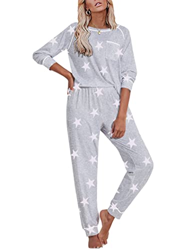 Ekouaer Womens Loungewear Set Cute Sleepwear Star Printed Lounge Wear For Travel,Gray Pink Star,Xl #TOP3