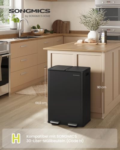 SONGMICS Mülleimer Küche, 2 x 30 Liter, 2 Fächer, mit Softclose-Deckel – Ansicht 2