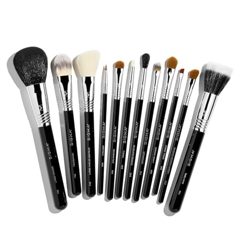 Sigma Beauty Essentielles Make-up Pinsel Set - Professionelles Set mit Premium-Fasern und eleganten, langlebigen Griffen für Gesicht & Augen, 12 schwarze Pinsel