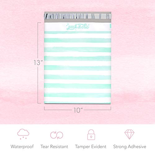 Pack It Chic - 10X13 (100 Pack) Teal Watercolor Stripes Poly Mailer Envelope Plastic Custom Mailing & Shipping Bags - Self Seal #TOP1
