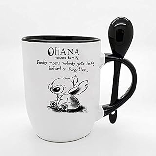 Ohana Means Family Stitch Coffee Tea Cocoa Soup Daily use Mug Birthday Gift Party gage Keepsake C Handle Unique Ceramic Cup Mug. (Blue Spoon)