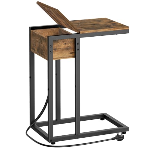 YATINEY C Shaped Side Table, Sofa Side Table with Charging Station, Narrow Bedside Table with Lift-Up Lid, 1 Outlet and 2 USB Ports, Small End Table for Living Room, Bedroom, Rustic Brown XSF02KBR