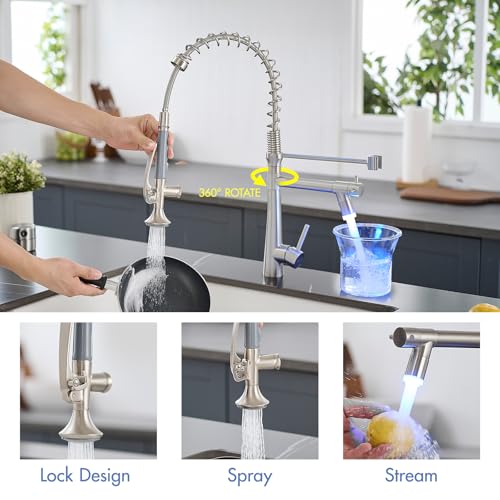 Image of AIMADI Pull Down Kitchen Faucet with Sprayer,Commercial Single Handle | Stainless Steel Brushed Nickel Kitchen Sink Faucet with LED Light