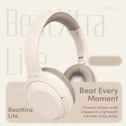 Image of PunnkFunnk BeatXtra Lite Premium Wireless Bluetooth Headphones V5.3, Over Ear Stereo Headset with Built-in Microphone, 40mm Drivers, AUX Mode, Comfortable Cushions, Up to 250 Hours Standby (Beige)
