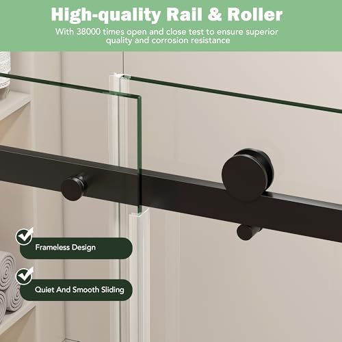 KPUY Frameless Shower Door, 50-54\" W x 76\" H Glass Shower Door, Sliding Shower Door with 1/4\" (6mm) Thick Tempered Clear Glass, Shower Glass Door with Explosion-Proof Film in Matte Black