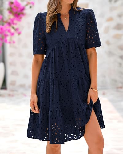 Image of BTFBM Womens Boho Summer Dresses 2026 Spring V Neck Short Sleeve Hollow Out Lace Ruffle Casual Beach Mini Vacation Dress
