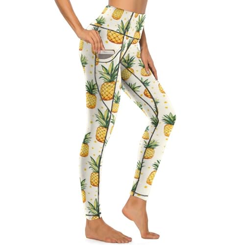 Pantalon de yoga taille haute jaune imprimé legging poches femme
