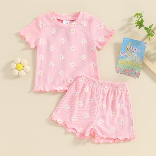 Image of Ayalinggo Baby Girl Summer Outfits Short Sleeve Lettuce Trim Floral Tops + Shorts Set Infant Clothes