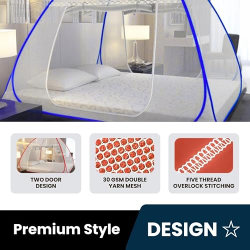 Image of King Size Foldable Mosquito net for Double Queen Bed | Pack of 2 | 30 GSM Polyester Fabric | Corrosion Resistant Steel Frame | Foldable Tent Style machardani with Dual Zipper | Blue