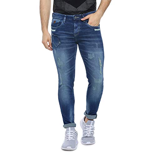 Image of CAHOOT Men' Denim Jeans for Regular Wear Blue Dark Wash Patchwork Slim Fit Jeans Crafted with Comfort Fit and High Performance for Everyday Casual Wear
