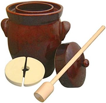 7L (1.9 Gal) K&K Keramik German Made Fermenting Crock Pot, Kerazo F2, Plus Beech Wood Tamper