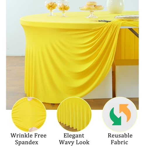 Htper 6pk Yellow Round Spandex Tablecloths for 60inch Table, Wrinkle Free Stretchy 120inch Fitted 5FT Round Table Cover Desk Skirt for Wedding Fall Thanksgiving Party Birthday Banquet - Image 3