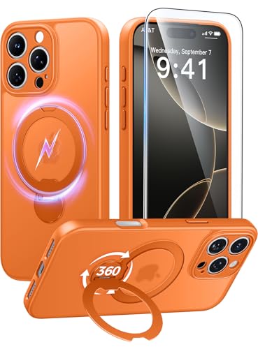 Image of FNTCASE for iPhone 16 Pro-Max Case: [360 Spin Magnetic Stand] [Compatible with Magsafe] [Screen Protector] Translucent Matte Military Grade Shockproof Full Camera Protective Phone Cover - Orange