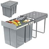 UISEBRT - Cubo de basura para cocina con cajón, sistema de separación de residuos con bandeja extraíble, plástico gris【2x20L+1x10L】