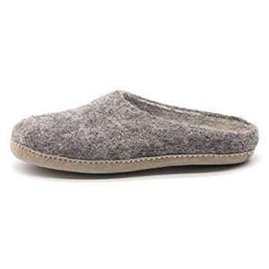 A pair of gray Nootkas Astoria Wool House Slippers on a white background. The slippers are made from wool and have a sheepskin lining.