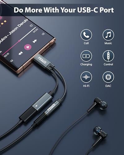 Image of FEDUS Node-X1 2-in-1 Type C to 3.5mm Audio Jack & 60W PD Fast Charging Adapter, USB C to Aux Headphone Cable Hi-Fi DAC with Mic Support for iPhone 17 /16 /15,Samsung S26 /S25 /S24 Ultra,iPad,Google series