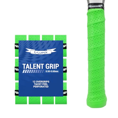 G-Lueck 12er Set Tennis Overgrip Talent Grip mit Perforation | 0,50-0,60mm Stärke | Griffband für Squash Badminton Schläger mit Selbstklebendem Abschlußband | sehr griffig, Anti-Rutsch (Neon-Grün)